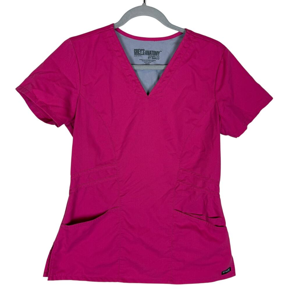 Grey's Anatomy By Barco Scrub Top Womens Small Pink Pockets V-Neck‎ Short Sleeve